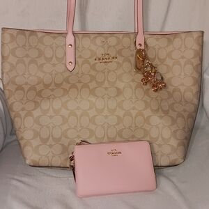 Coach Beige and Pink Tote Bag with Wristlet